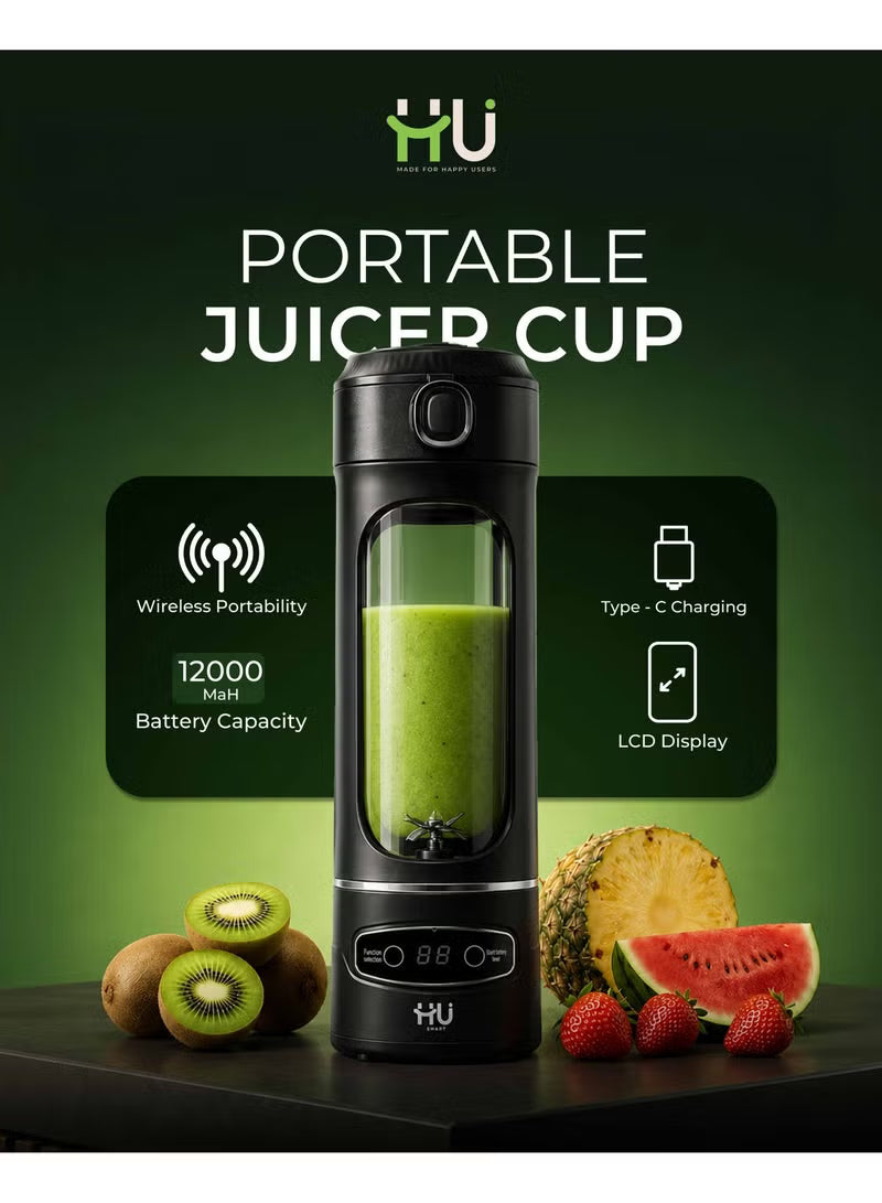 Portable Juicer Cup 600ml – Wireless Blender with LCD Display, Type-C Charging, 1200mAh Battery, Rechargeable Smoothie Maker for Travel & Home-Black