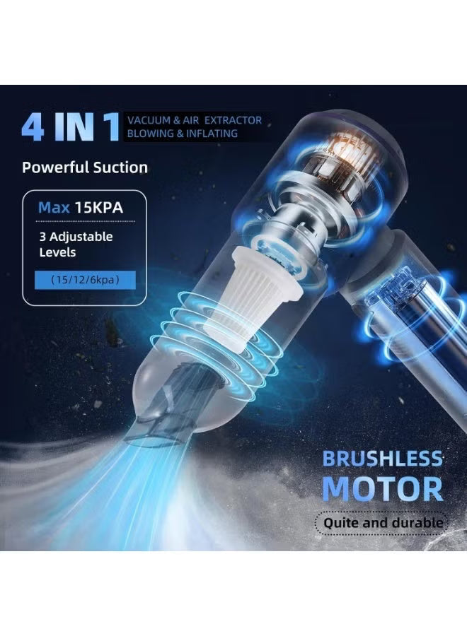 Car Vacuum Cleaner Cordless, 4-in-1 Wireless Handheld Vacuum & Air Duster & Pump, 15000Pa Brushless Motor Mini Vacuum with Type-C Rechargeable Battery & 7 Accessories for Car, Home, Office, Camping